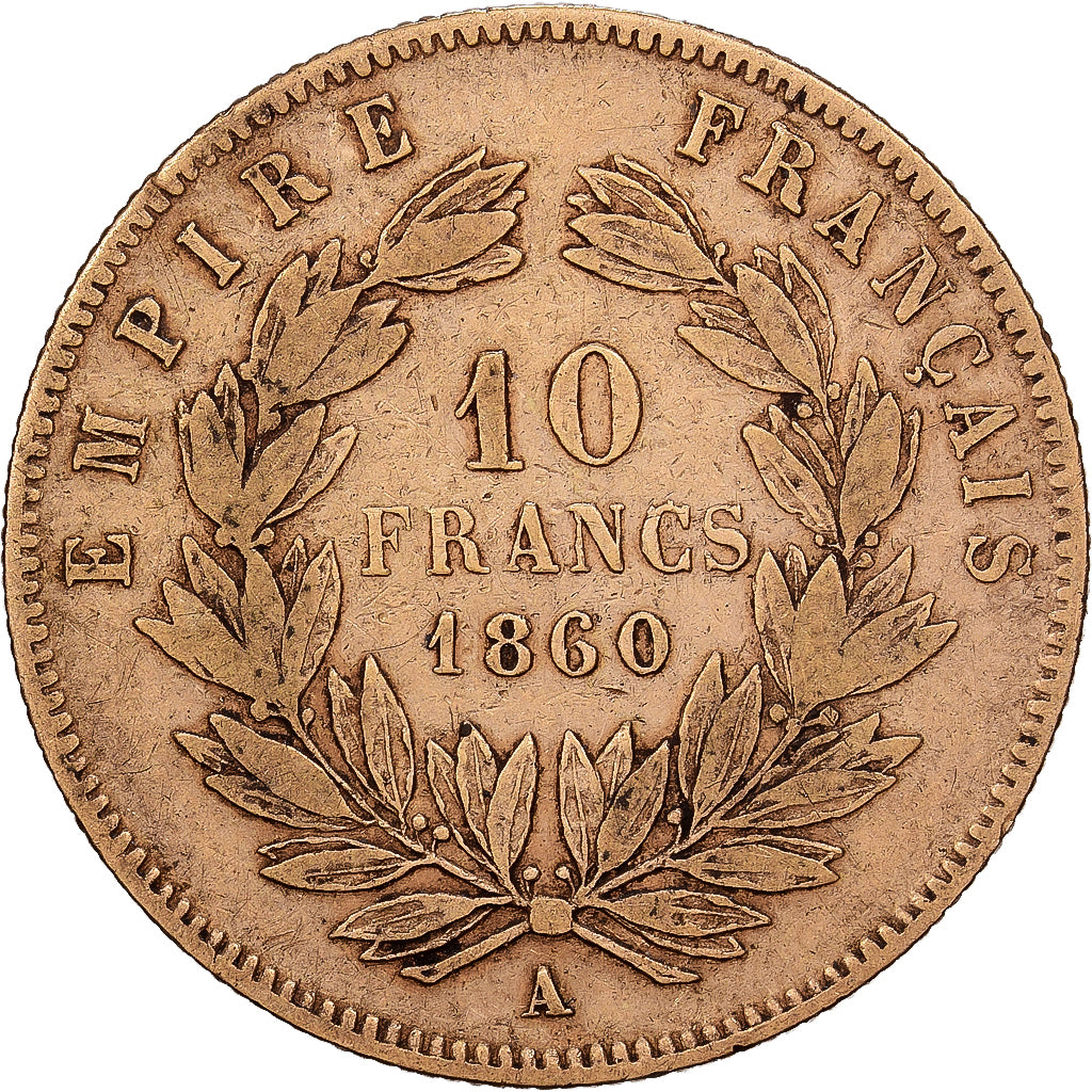 France, Napoleon III, 10 Francs, 1860, Paris, Abeille, Gold, VF(20-25)