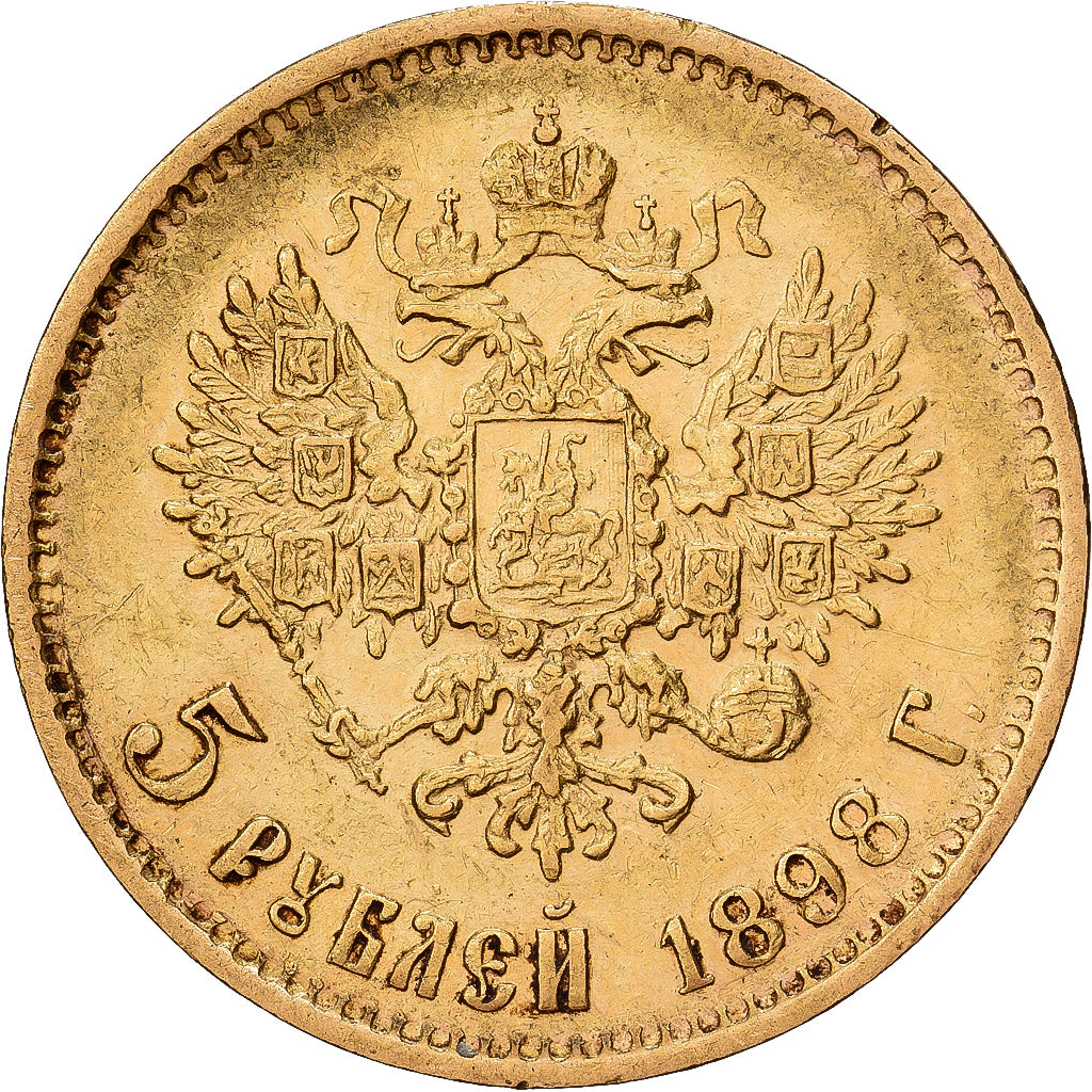 Rússia, Nicholas II, 5 Roubles, 1898, St. Petersburg, Dourado, AU(50-53), KM:62