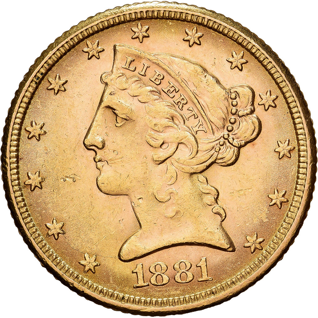 Stati Uniti, $5, Half Eagle, Coronet Head, 1881, U.S. Mint, Oro, BB, KM:101