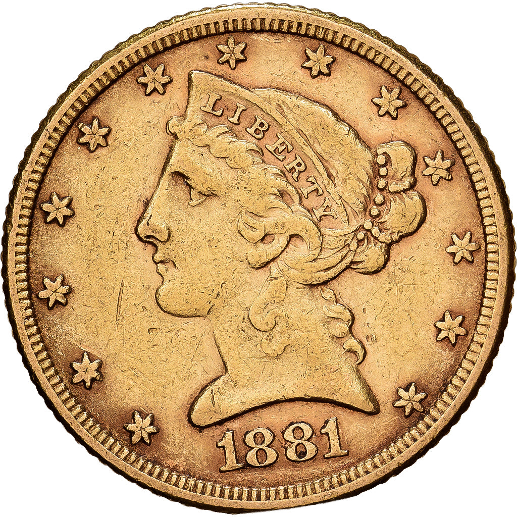 Verenigde Staten, $5, Half Eagle, Coronet Head, 1881, U.S. Mint, Goud, ZF