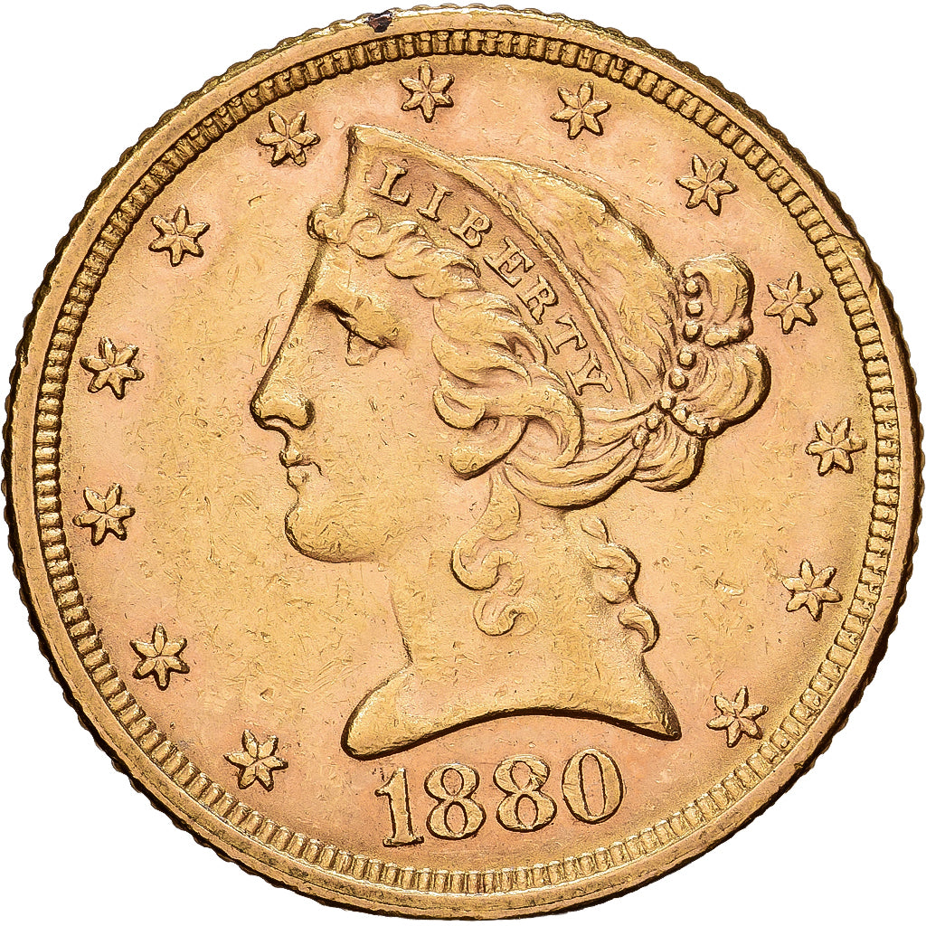 USA, $5, Half Eagle, Coronet Head, 1880, U.S. Mint, Złoto, AU(50-53), KM:101