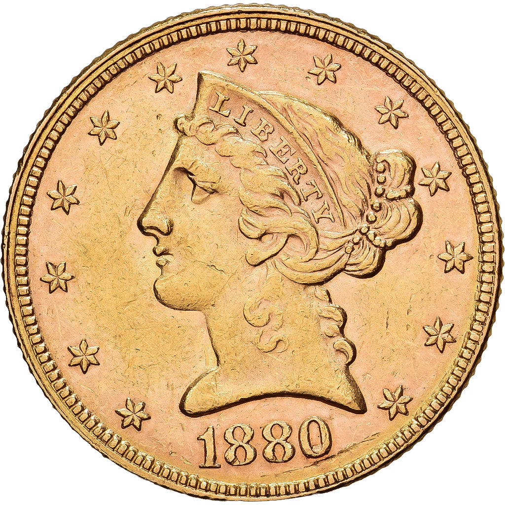 Estados Unidos, $5, Half Eagle, Coronet Head, 1880, U.S. Mint, Oro, EBC, KM:101