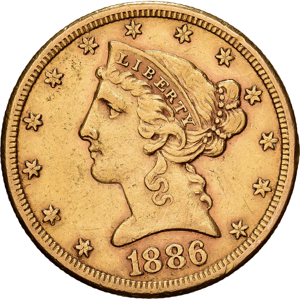 Estados Unidos, $5, Half Eagle, Coronet Head, 1886, U.S. Mint, Oro, MBC, KM:101