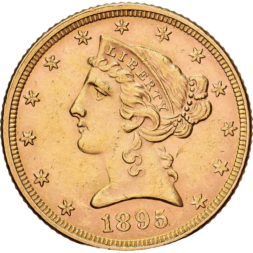 Stati Uniti, $5, Half Eagle, Coronet Head, 1895, U.S. Mint, Oro, BB+, KM:101