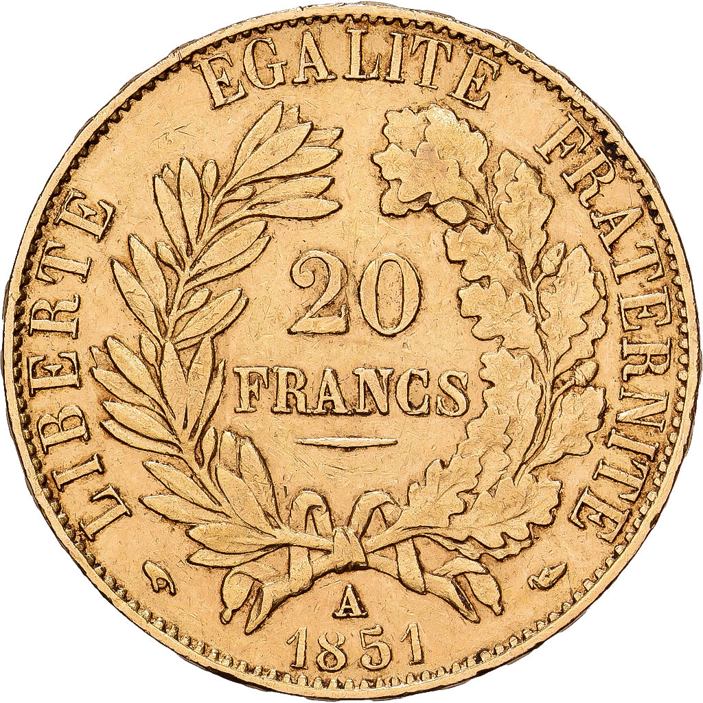 França, 20 Francs, Cérès, 1851, Paris, Dourado, AU(50-53), Gadoury:1059