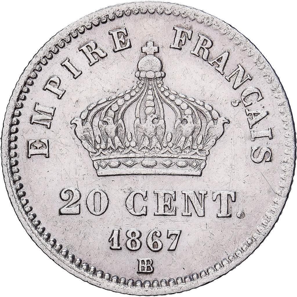 Francja, Napoleon III, 20 Centimes, 1867, Strasbourg, Srebro, AU(50-53)