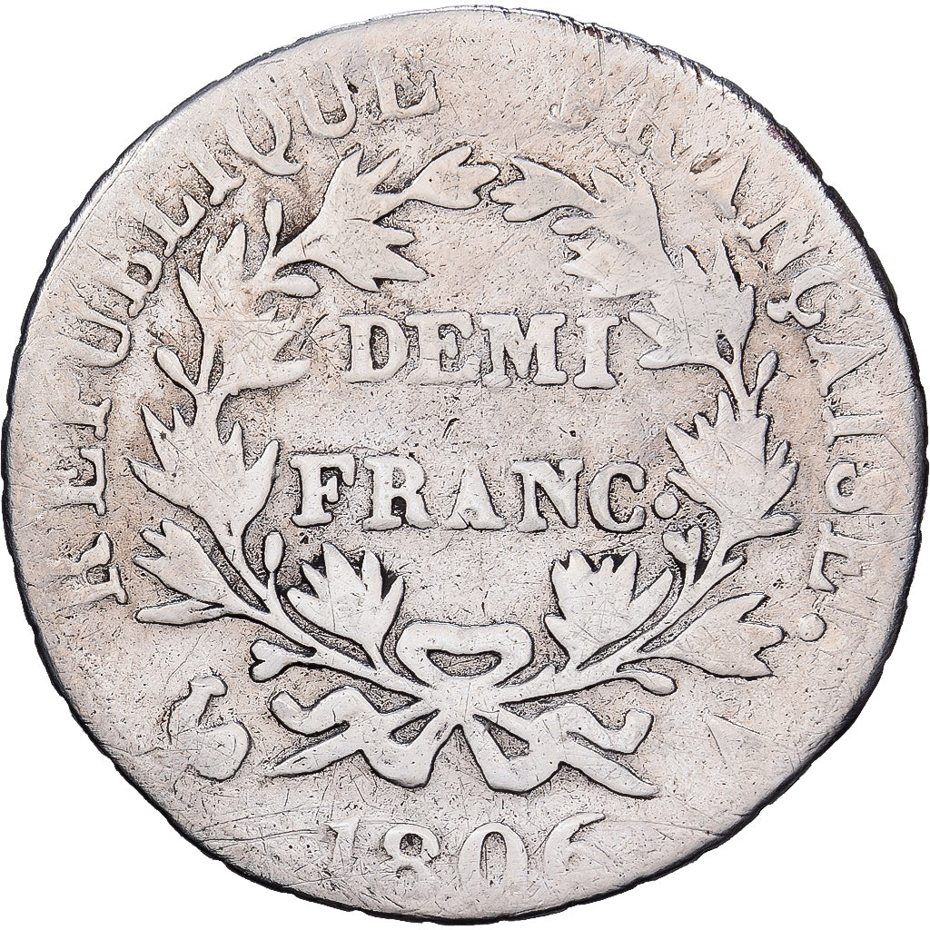 Francja, Napoleon I, 1/2 Franc, 1806, Paris, Srebro, F(12-15), Gadoury:396
