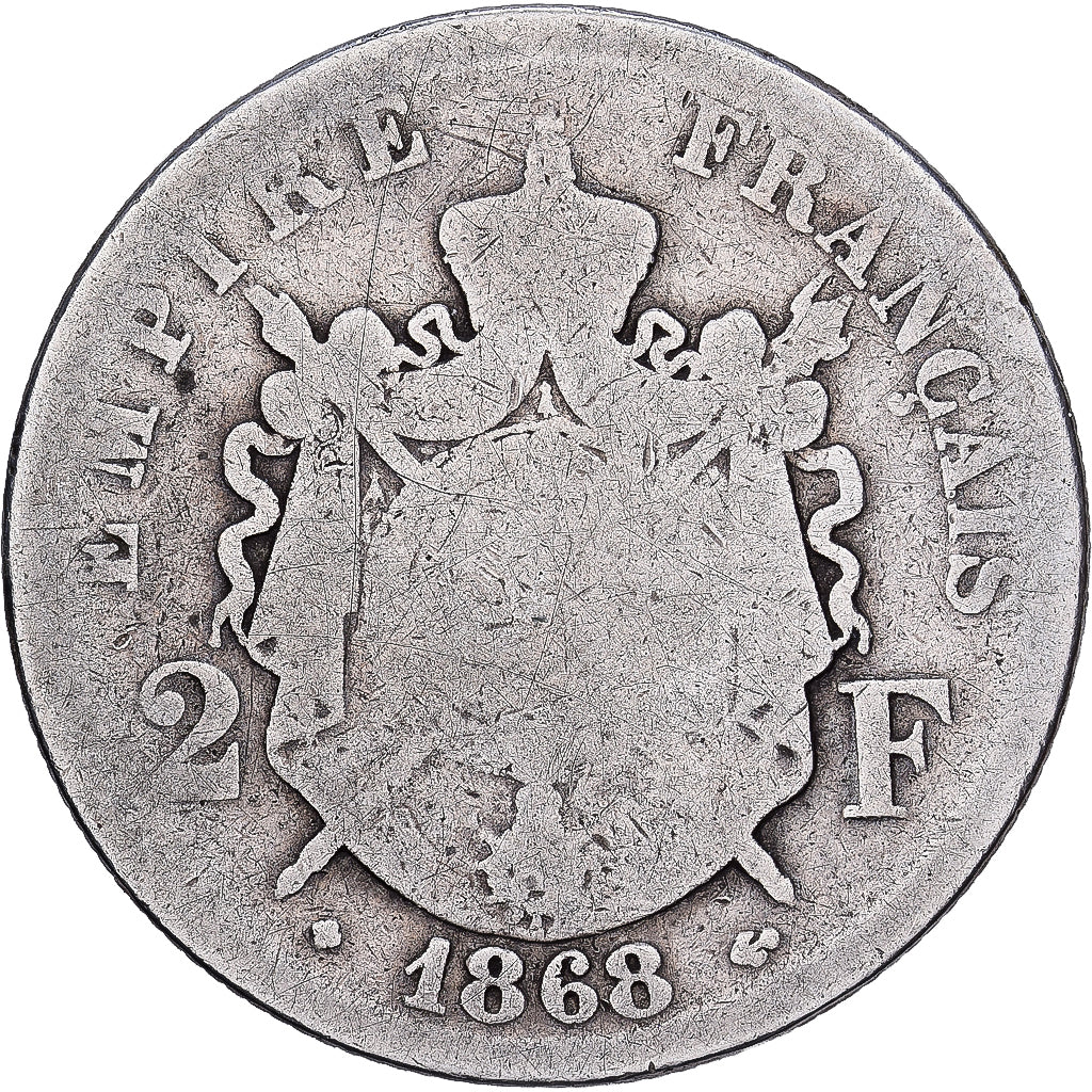 Francia, Napoleon III, 2 Francs, 1868, Strasbourg, Plata, BC, Gadoury:527