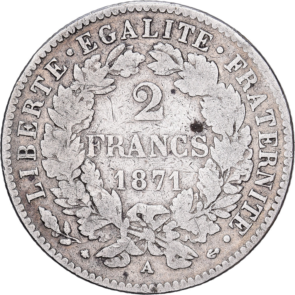 Francia, 2 Francs, Cérès, 1871, Paris, Large A, Plata, BC+, Gadoury:530