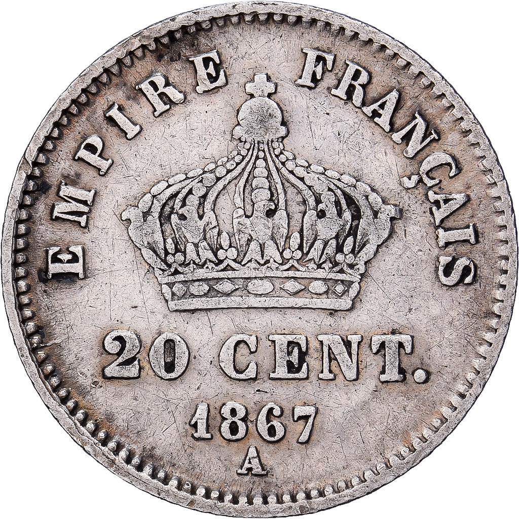 França, Napoleon III, 20 Centimes, 1867, Paris, Prata, EF(40-45), Gadoury:309