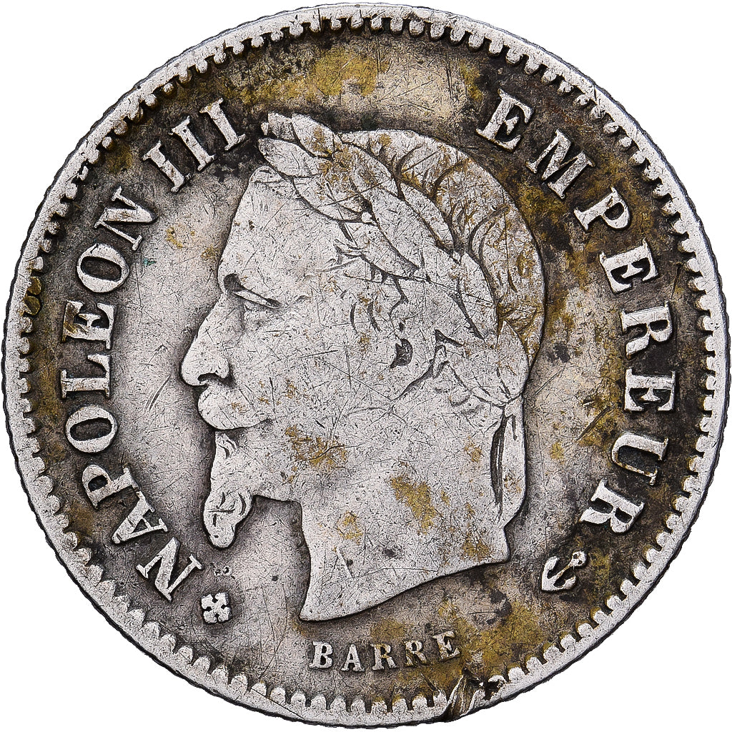 Francia, Napoleon III, 20 Centimes, 1867, Strasbourg, Plata, MBC, KM:808.2
