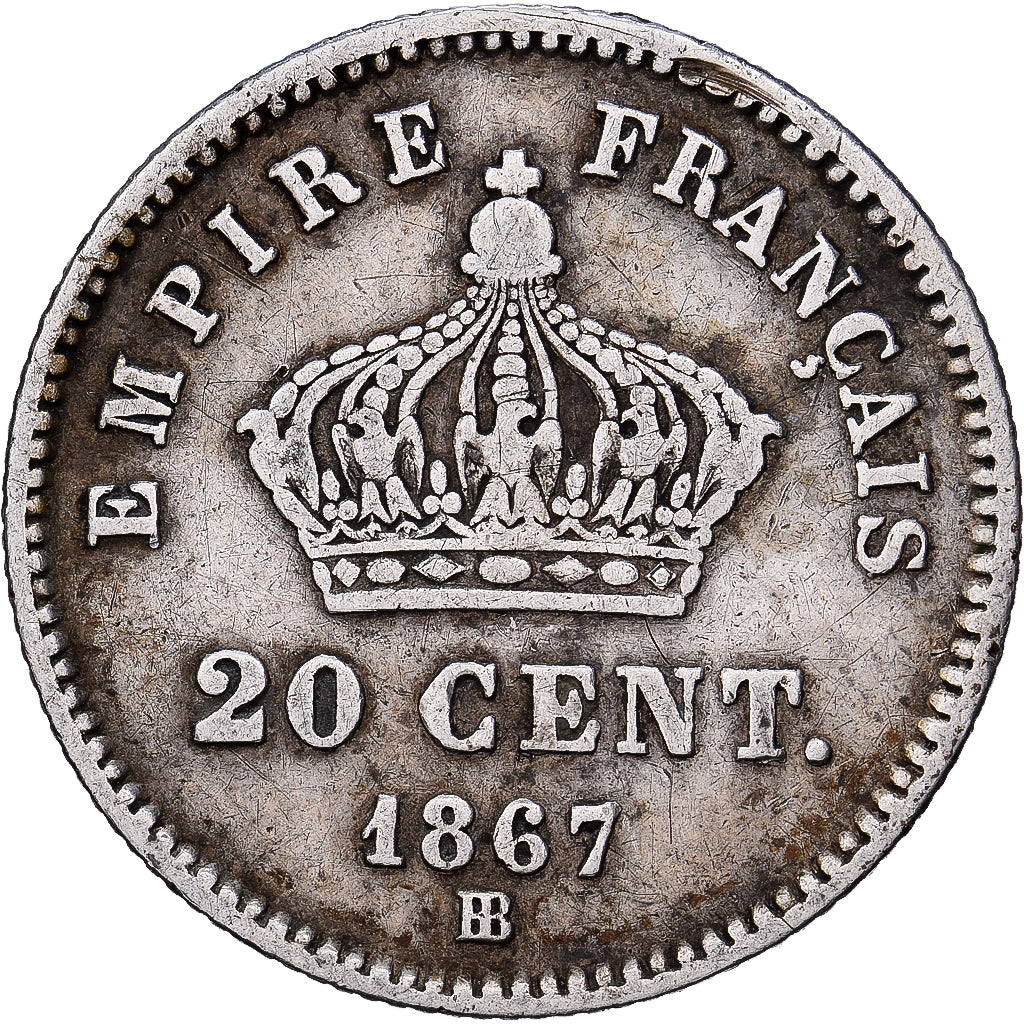 Francia, Napoleon III, 20 Centimes, 1867, Strasbourg, Plata, MBC, KM:808.2