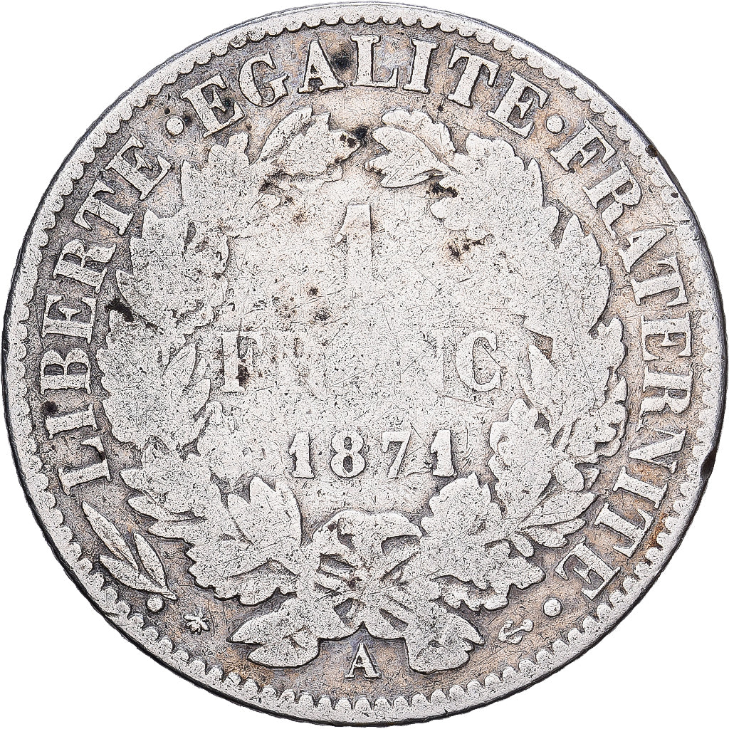 Francia, Franc, Cérès, 1871, Paris, grand A, Plata, BC, Gadoury:465, KM:822.1