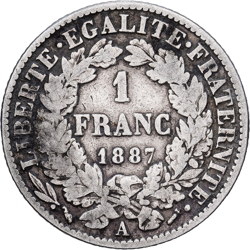 Francia, Franc, Cérès, 1887, Paris, Plata, BC+, Gadoury:465a, KM:822.1