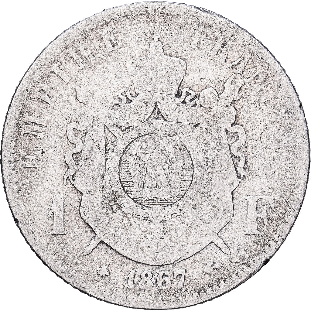 Francia, Napoleon III, Franc, 1867, Paris, Plata, BC, Gadoury:463, KM:806.1
