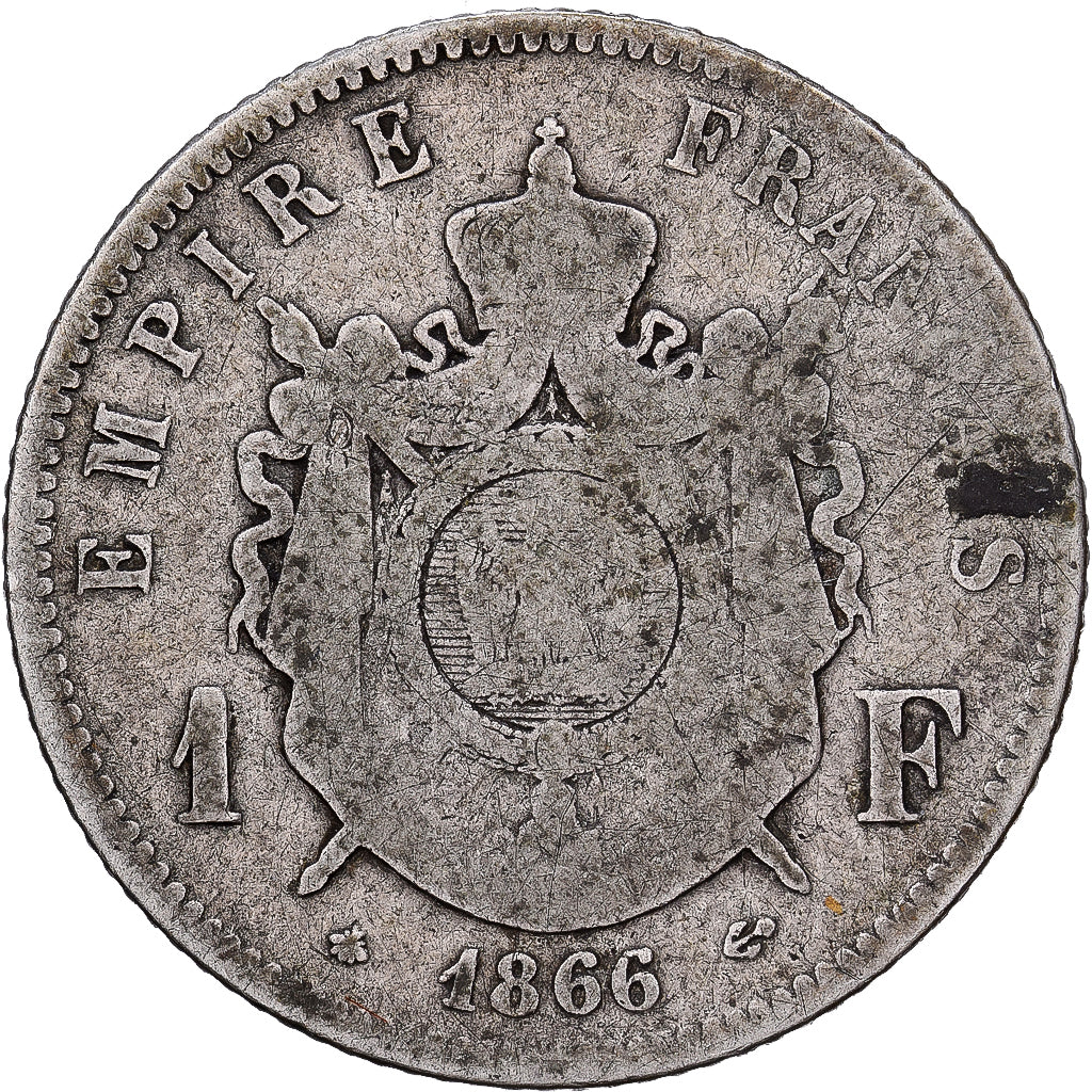 Francia, Napoleon III, Franc, 1866, Paris, Plata, BC, KM:806.1