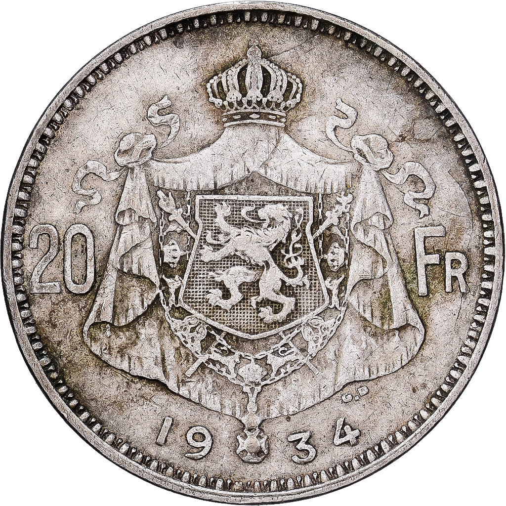 België, Albert I, 20 Francs, 20 Frank, 1934, Brussels, Zilver, ZF, KM:104.1
