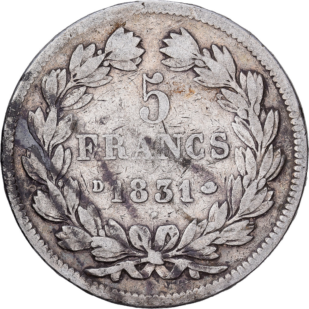 France, Louis Philippe I, 5 Francs, 1831, Lyon, Silver, VF(20-25), Gadoury:677a