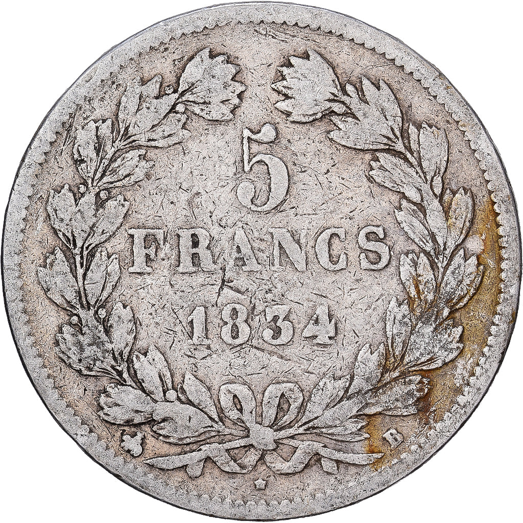 Francja, Louis Philippe I, 5 Francs, 1834, Rouen, Srebro, VF(20-25)