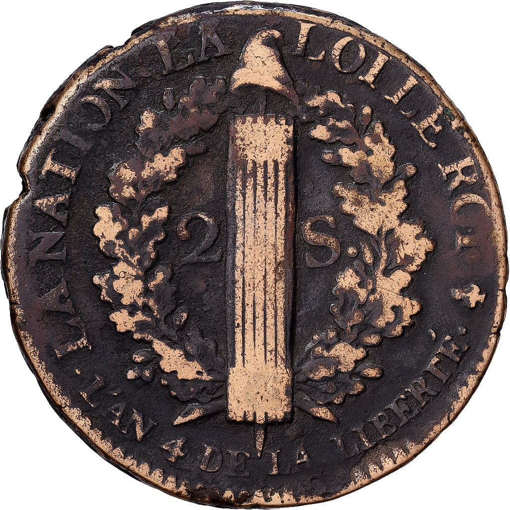 France, Louis XVI, 2 sols françois, 1792 / AN 4, Paris, Bronze