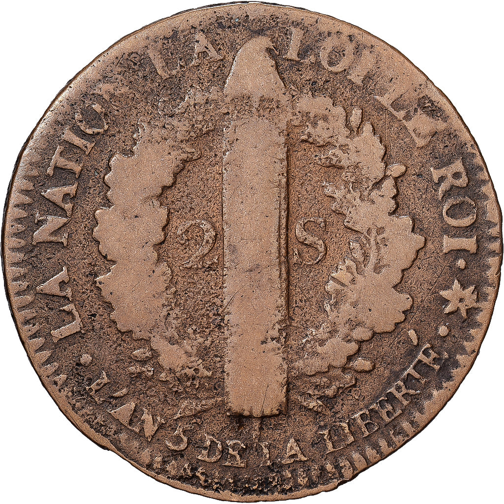 Francia, Louis XVI,  2 sols français, 1793 / AN 5, Strasbourg, Bronce
