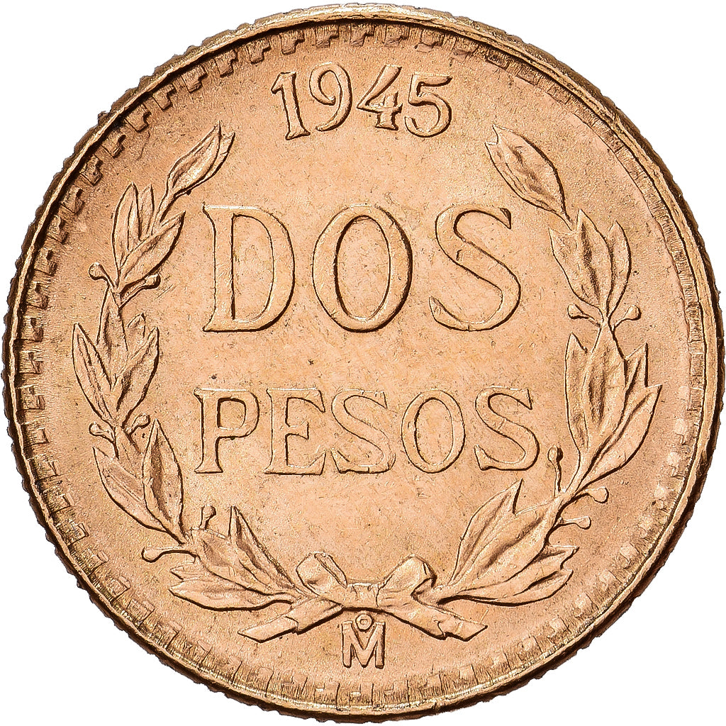Mexico, 2 Pesos, 1945, Mexico City, Gold, AU(55-58), KM:461