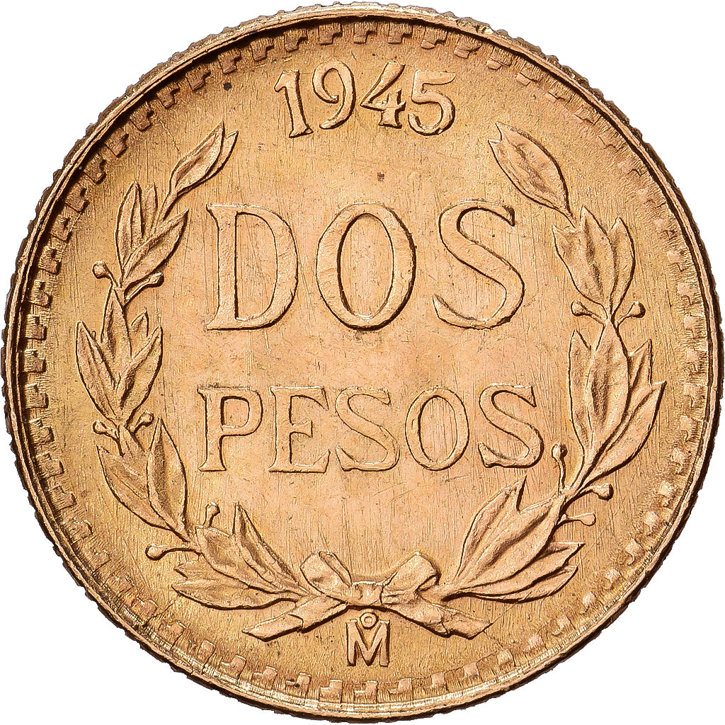 Mexico, 2 Pesos, 1945, Mexico City, Gold, AU(55-58), KM:461