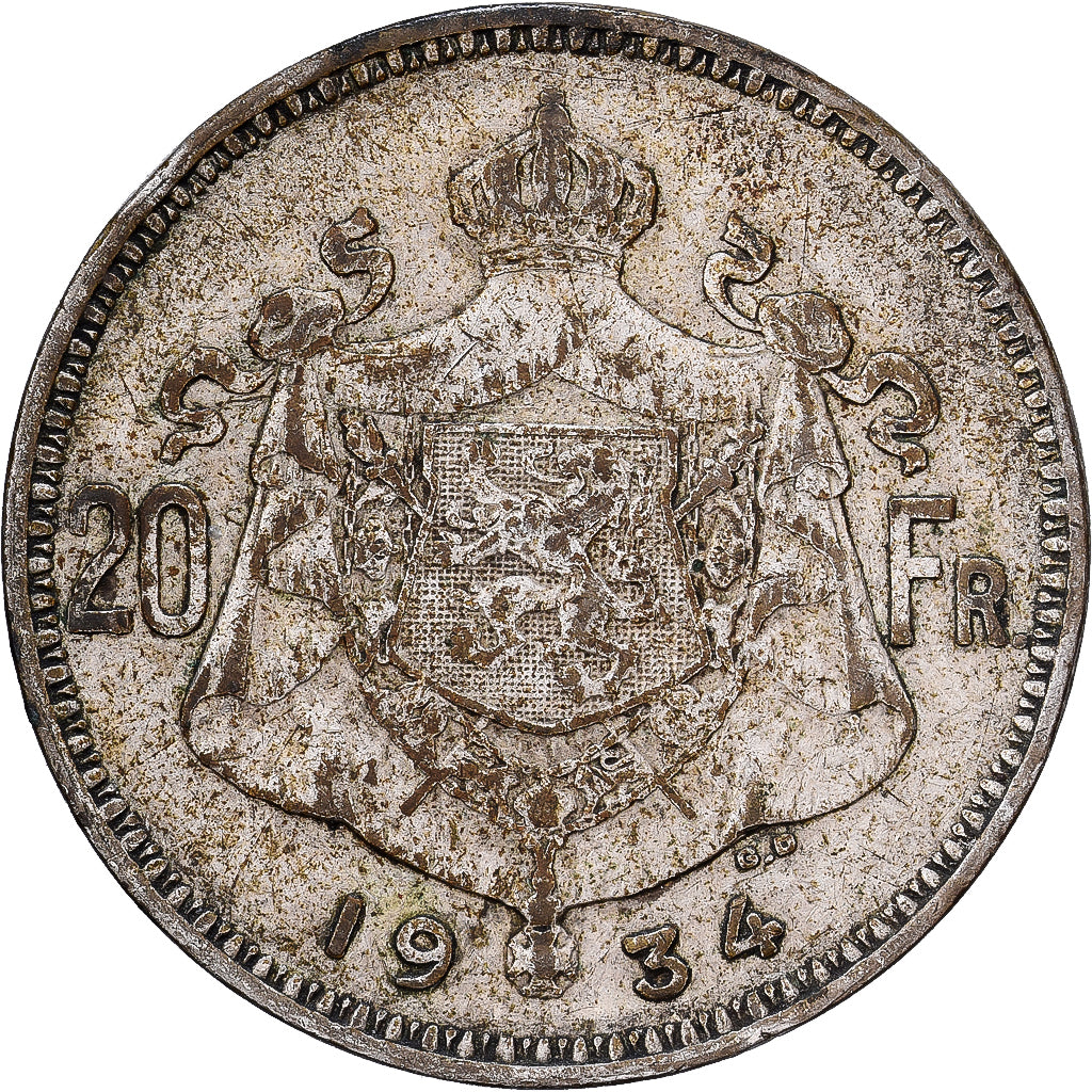 België, Albert I, 20 Francs, 20 Frank, 1934, Brussels, Zilver, FR+, KM:104.1