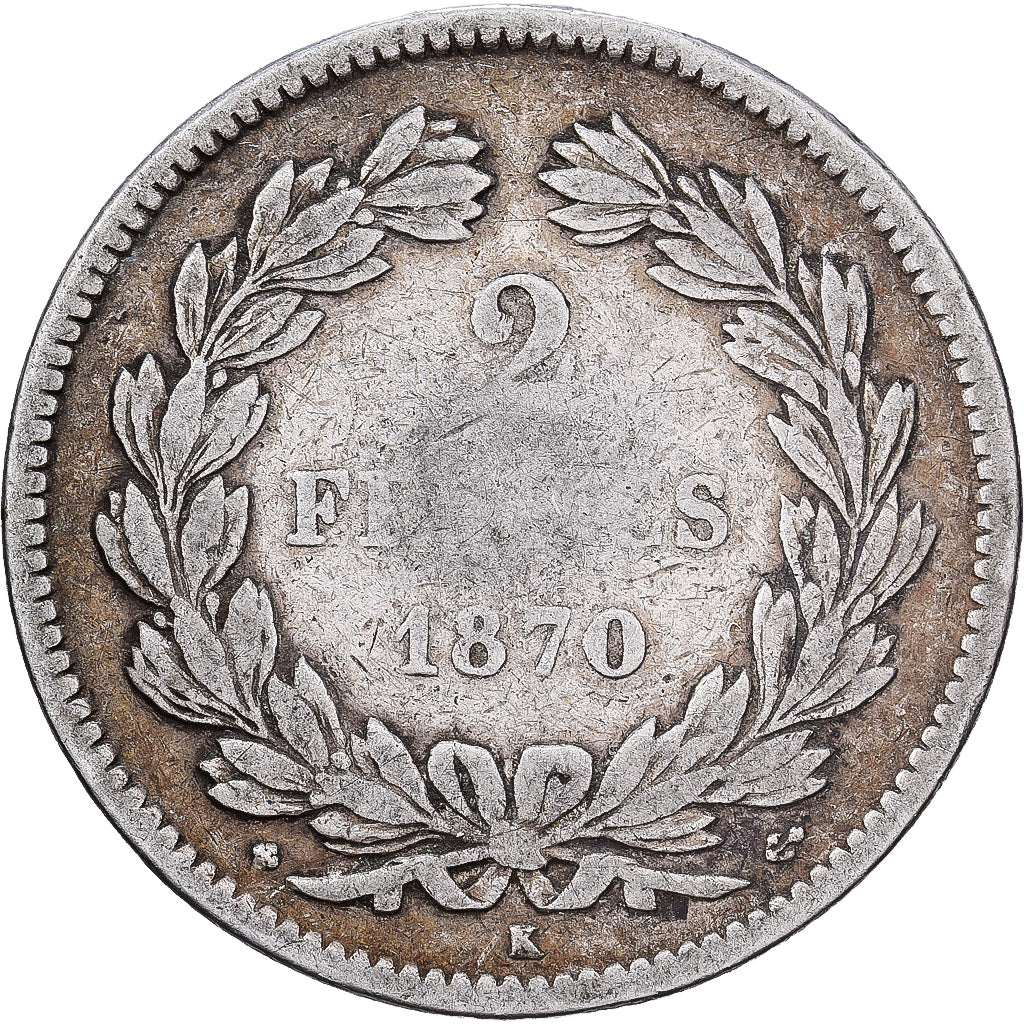 France, 2 Francs, Cérès, 1870, Bordeaux, Silver, F(12-15), Gadoury:529