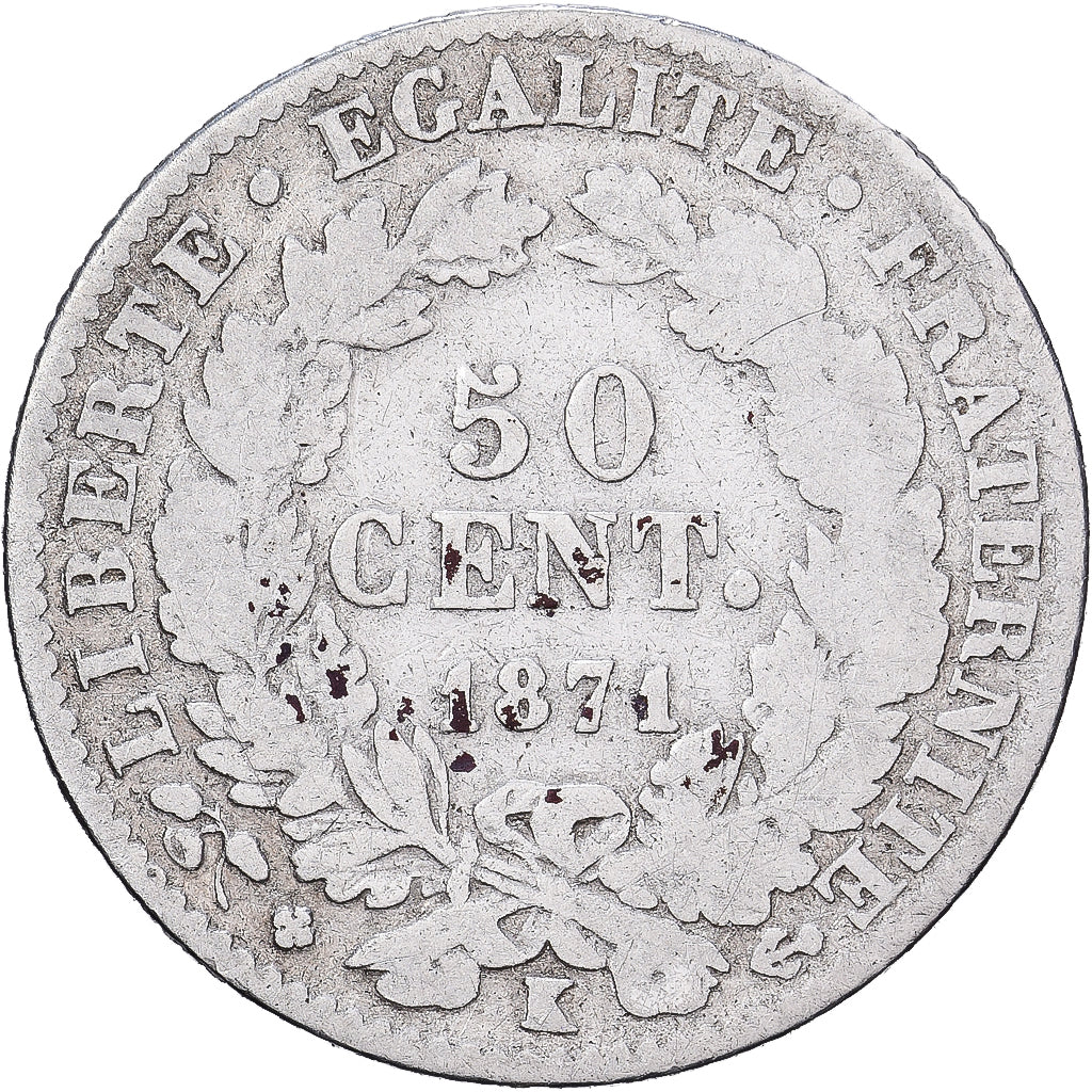 Francja, 50 Centimes, Cérès, 1871, Bordeaux, Srebro, F(12-15), Gadoury:419