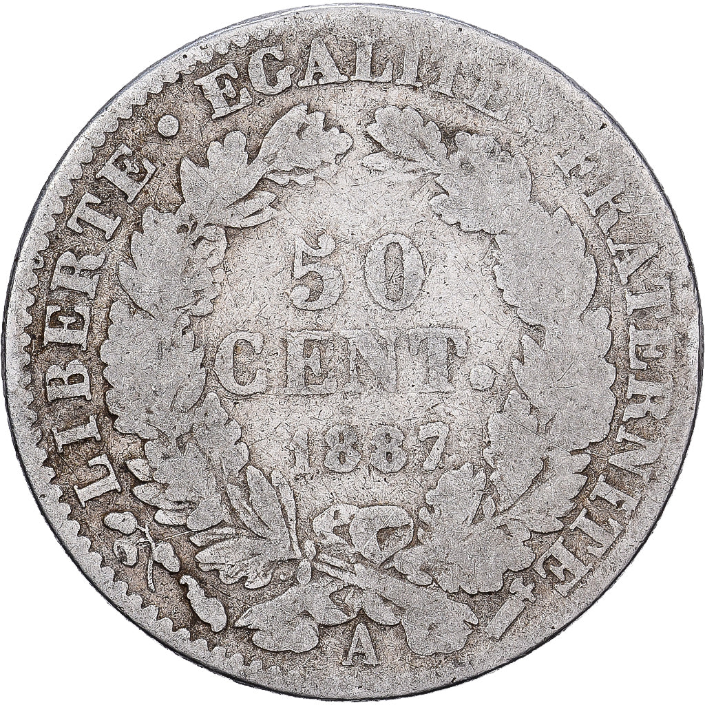Francja, 50 Centimes, Cérès, 1887, Paris, Srebro, F(12-15), Gadoury:419a