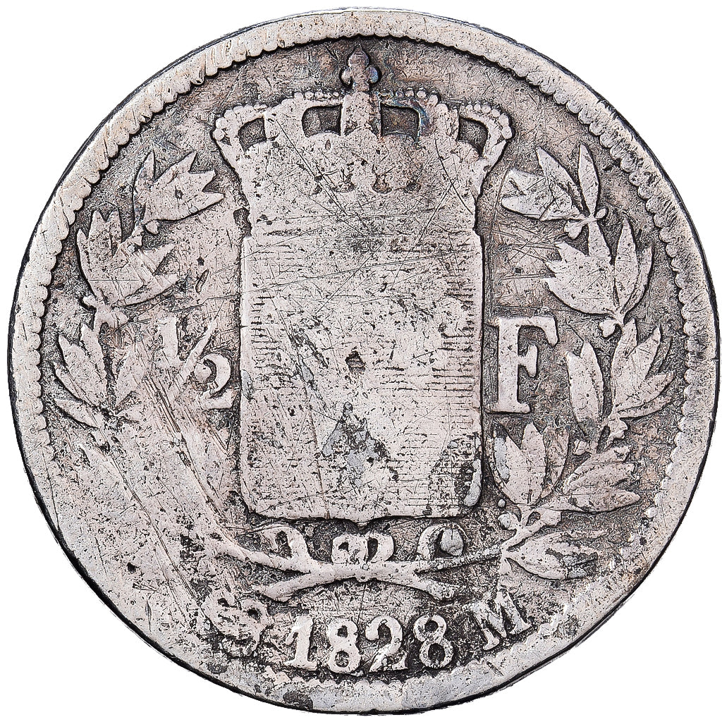 Francja, Charles X, 1/2 Franc, 1828, Toulouse, Srebro, F(12-15), Gadoury:402