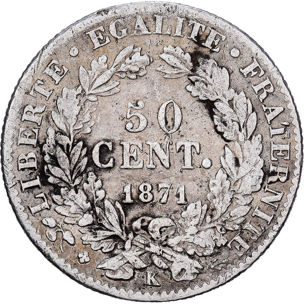 Francja, 50 Centimes, Cérès, 1871, Bordeaux, Srebro, F(12-15), Gadoury:419