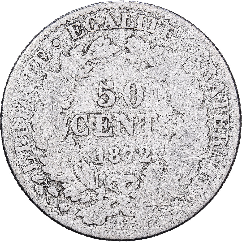 França, 50 Centimes, Cérès, 1872, Bordeaux, Prata, VG(8-10), Gadoury:419a