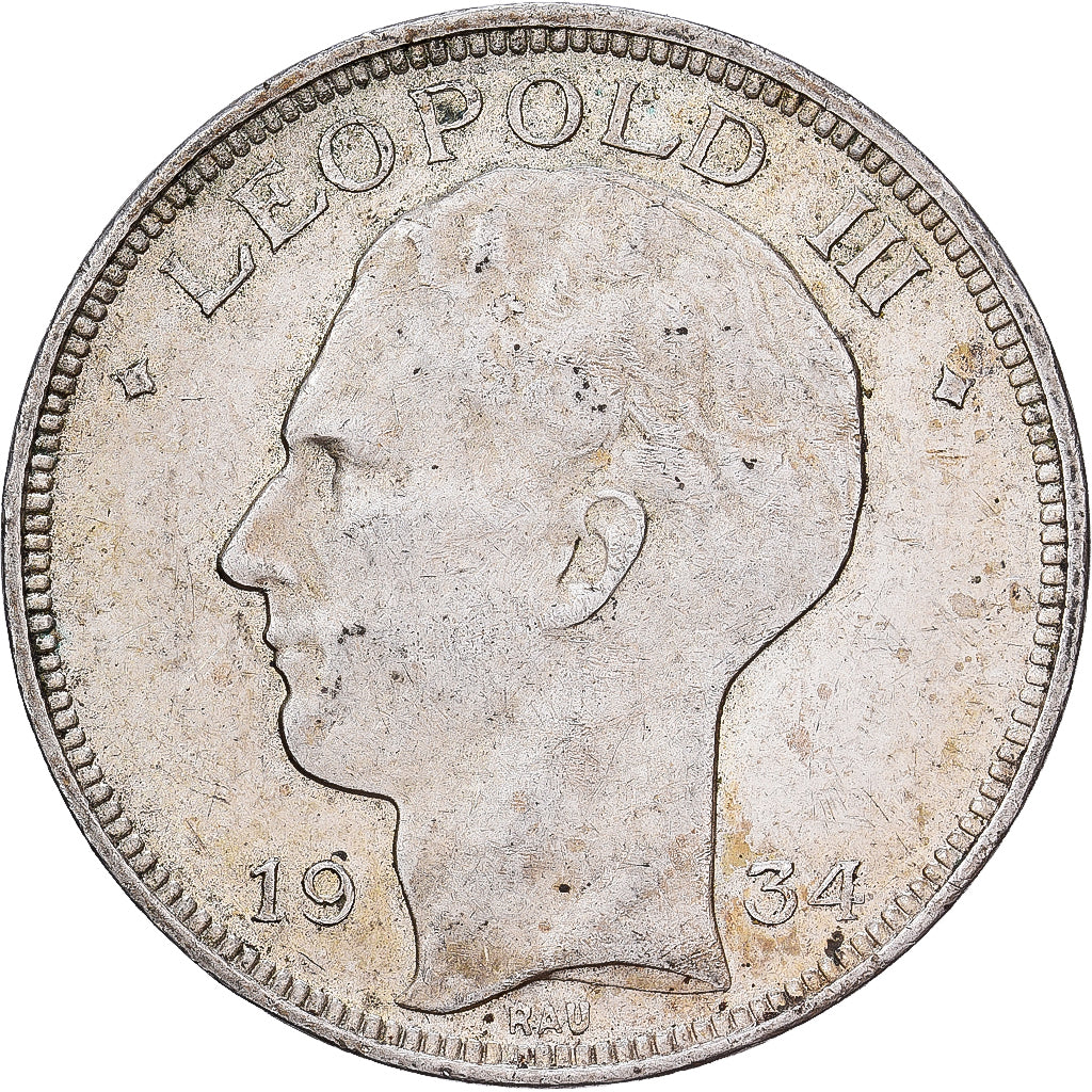 Bélgica, Leopold III, 20 Francs, 20 Frank, 1934, Brussels, Prata, AU(55-58)