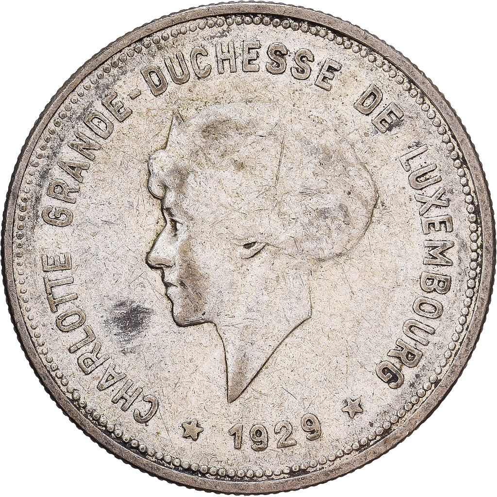 Luxemburgo, Charlotte, 5 Francs, 1929, Plata, BC+, KM:38