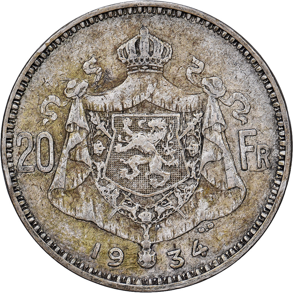 Belgium, Albert I, 20 Francs, 20 Frank, 1934, Brussels, Tranche A, Silver