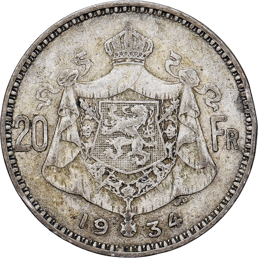 Belgium, Albert I, 20 Francs, 20 Frank, 1934, Brussels, Tranche B, Silver