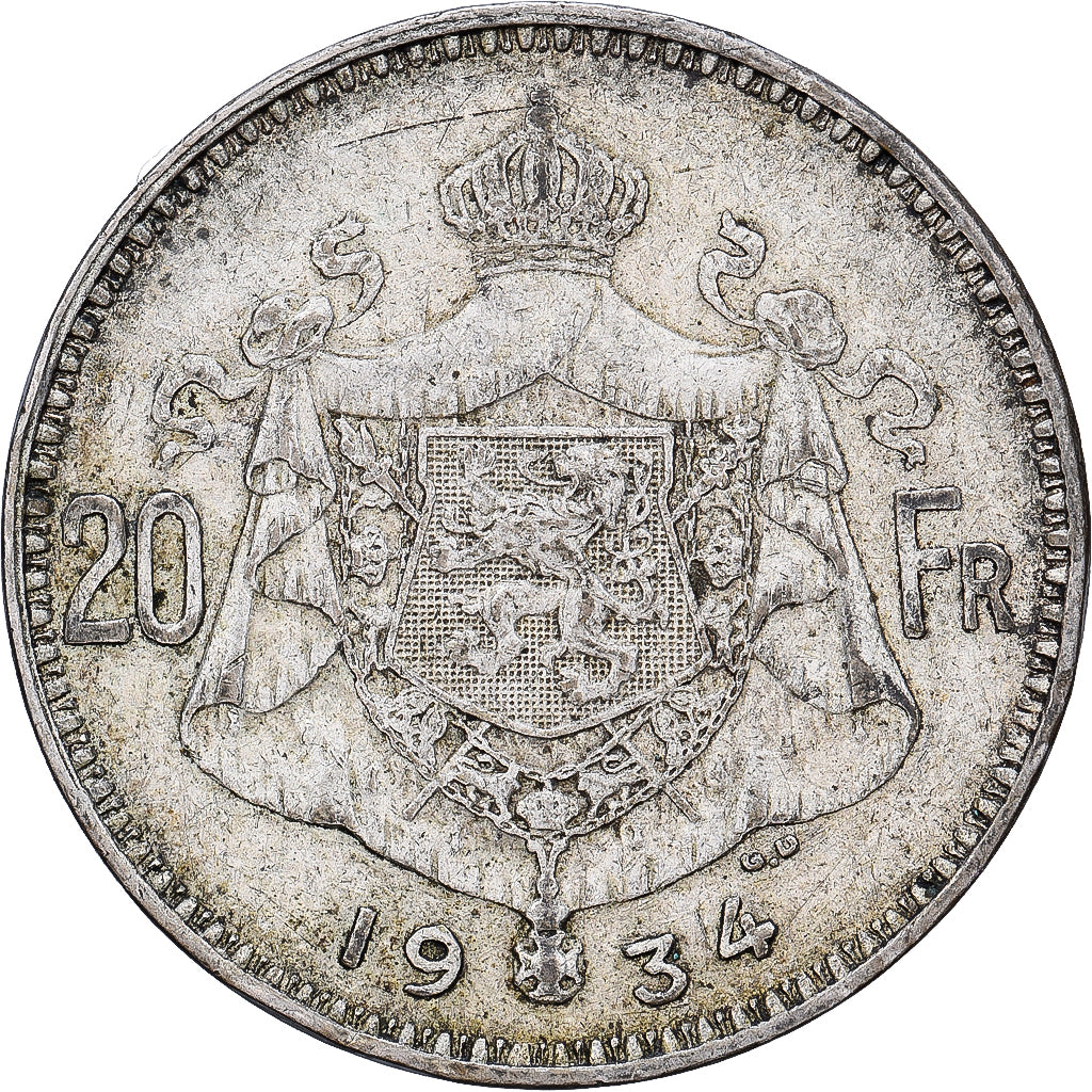 Belgium, Albert I, 20 Francs, 20 Frank, 1934, Brussels, Tranche A, Silver