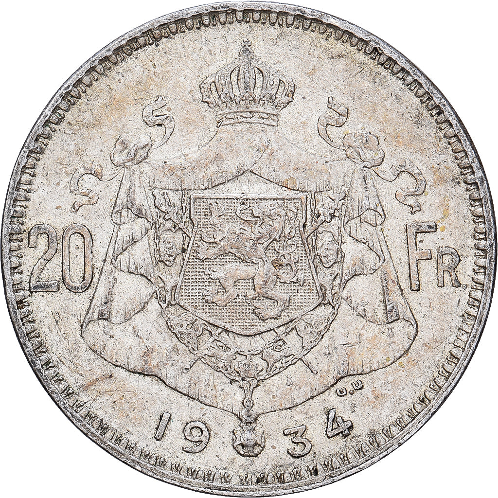 Belgium, Albert I, 20 Francs, 20 Frank, 1934, Brussels, Tranche A, Silver