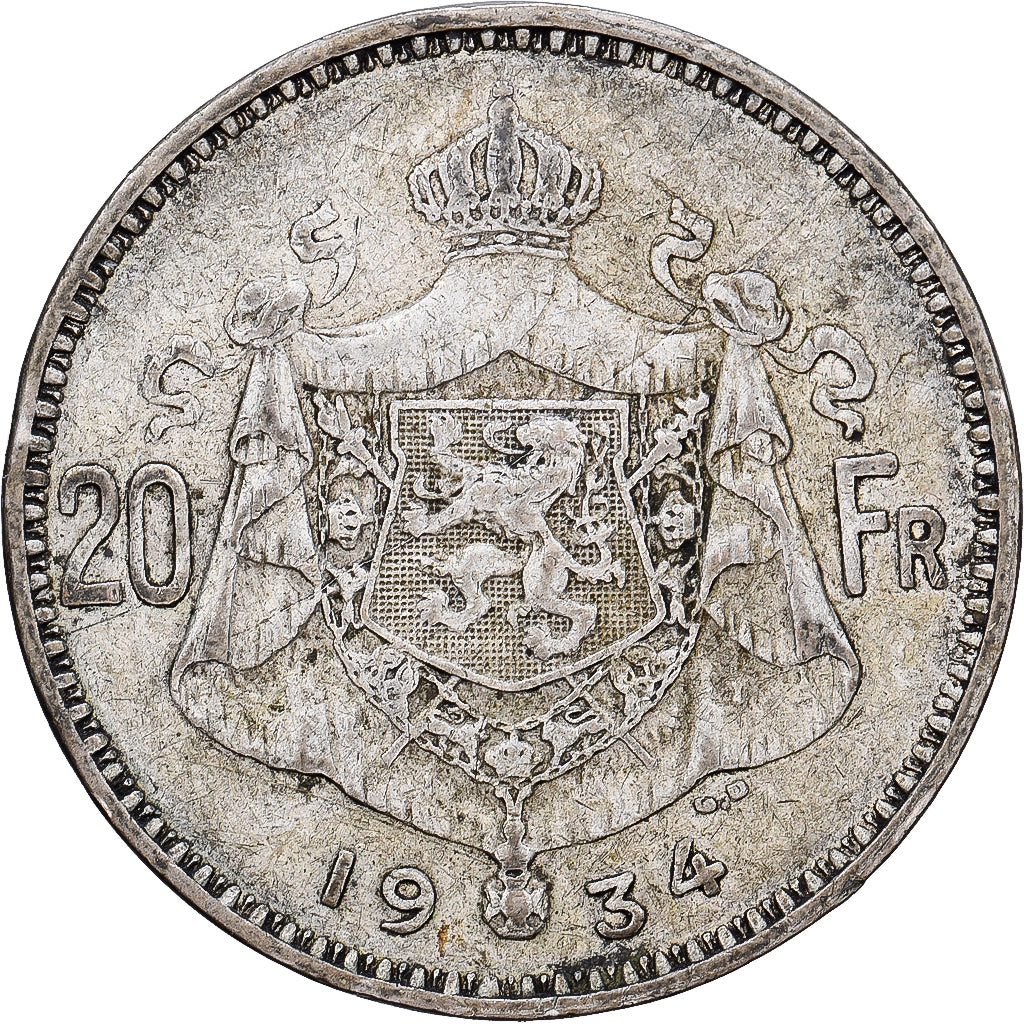 Belgium, Albert I, 20 Francs, 20 Frank, 1934, Brussels, Tranche B, Silver