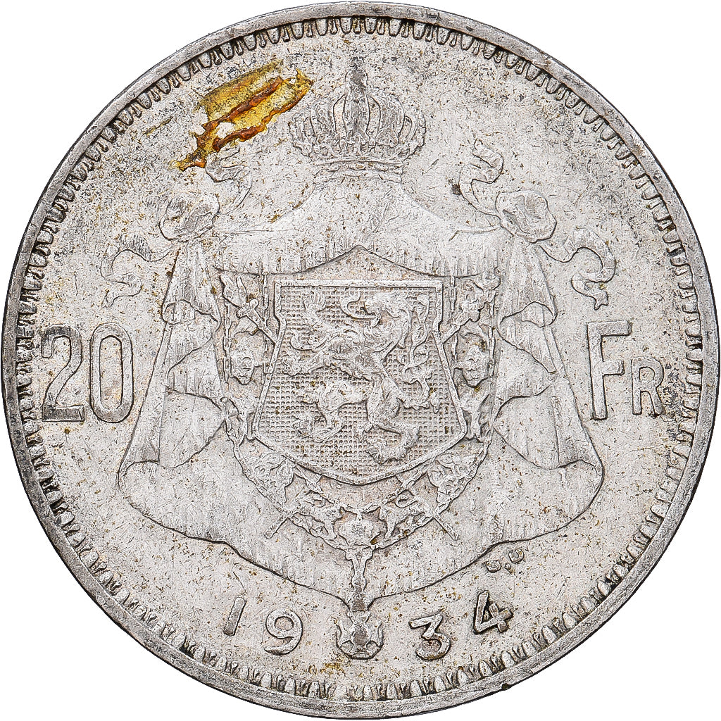 Belgium, Albert I, 20 Francs, 20 Frank, 1934, Brussels, Tranche A, Silver
