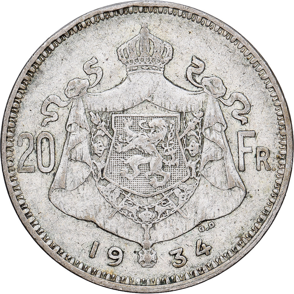 Belgique, Albert I, 20 Francs, 20 Frank, 1934, Bruxelles, Tranche A, Argent