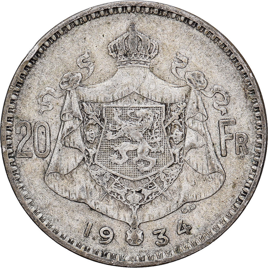 Bélgica, Albert I, 20 Francs, 20 Frank, 1934, Brussels, Tranche A, Plata, BC+