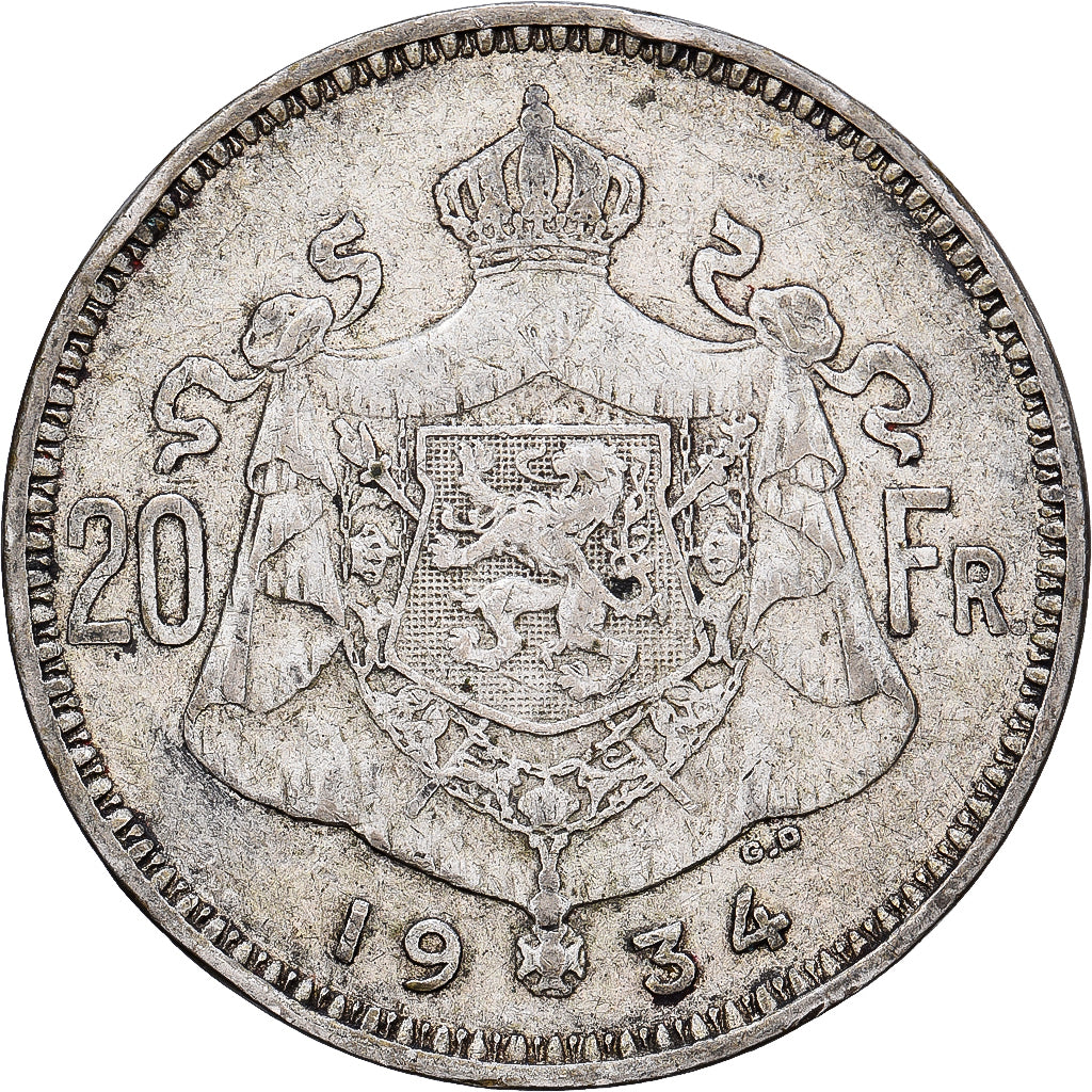 Belgio, Albert I, 20 Francs, 20 Frank, 1934, Brussels, Tranche A, Argento, BB