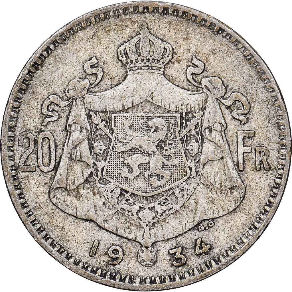 Bélgica, Albert I, 20 Francs, 20 Frank, 1934, Brussels, Tranche B, Plata, MBC