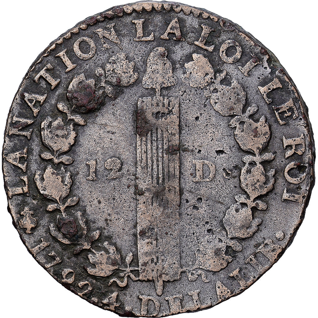France, Louis XVI,12 deniers françois, 1792, Paris, Leopard/Lyre