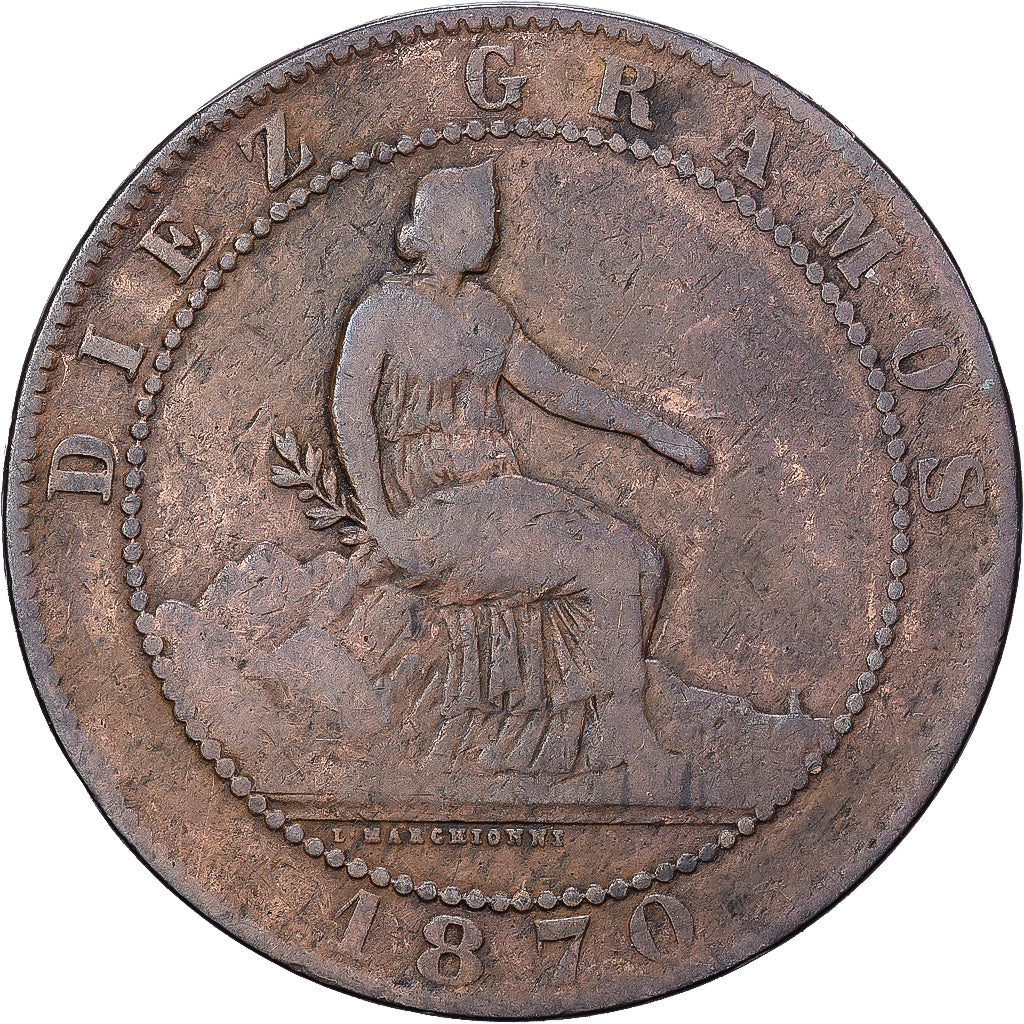 Spanje, Provisional Government, 10 Centimos, 1870, Madrid, Koper, ZG+, KM:663