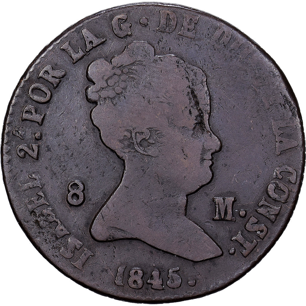 Spanje, Isabel II, 8 Maravedis, 1845, Segovia, Koper, FR, KM:531.2