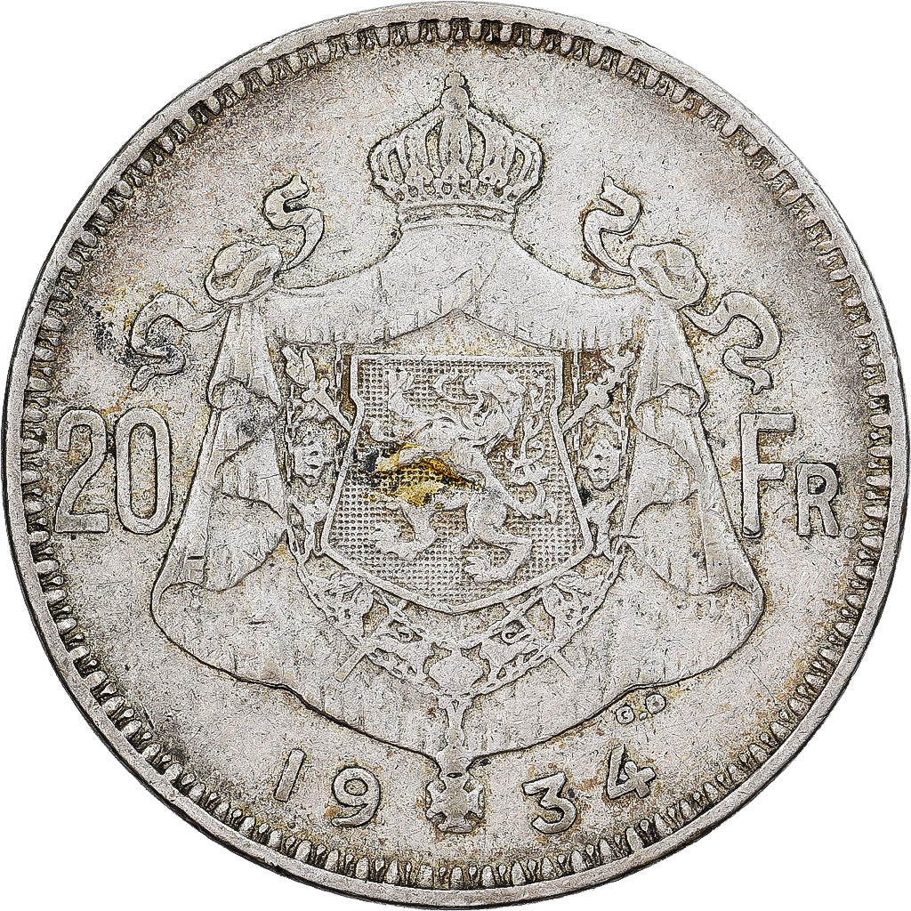 Belgien, Albert I, 20 Francs, 20 Frank, 1934, Brussels, Silber, SS, KM:104.1